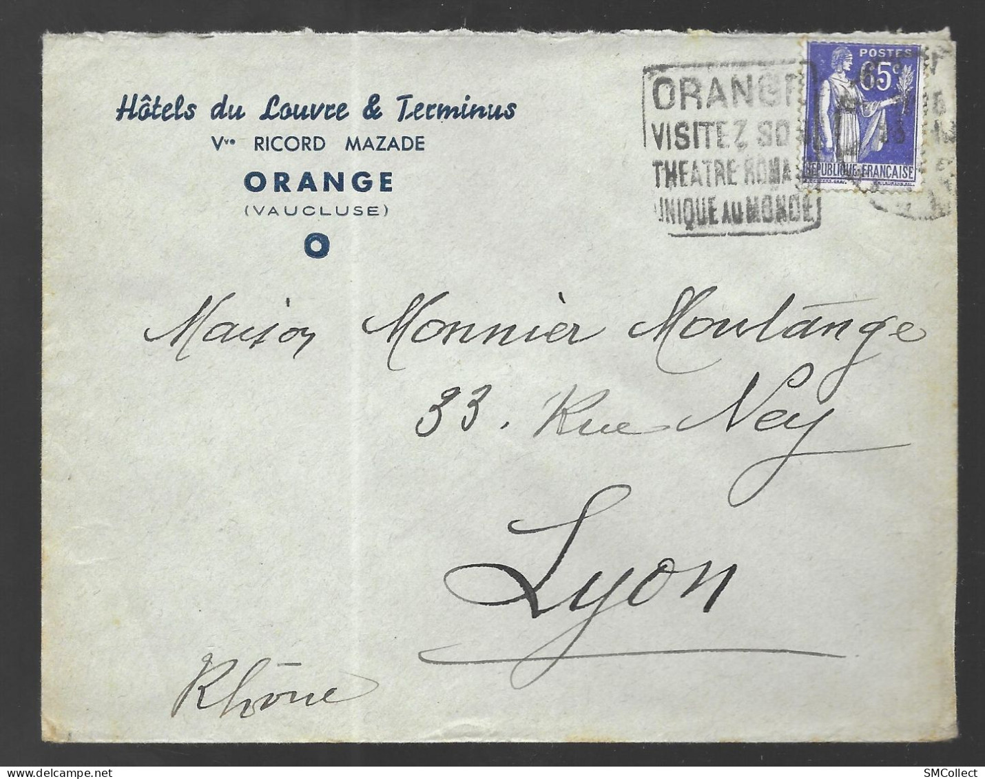 Orange 1937 (Daguin). Enveloppe à En-tête Des Hotels Du Louvre & Terminus, Voyagée Vers Lyon - 1921-1960: Période Moderne