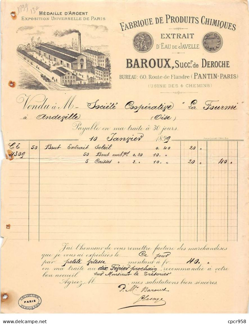 Facture.AM20600.Paris.Pantin.1899.Baroux.Deroche.Produit Chimique.Eau De Javelle - 1800 – 1899