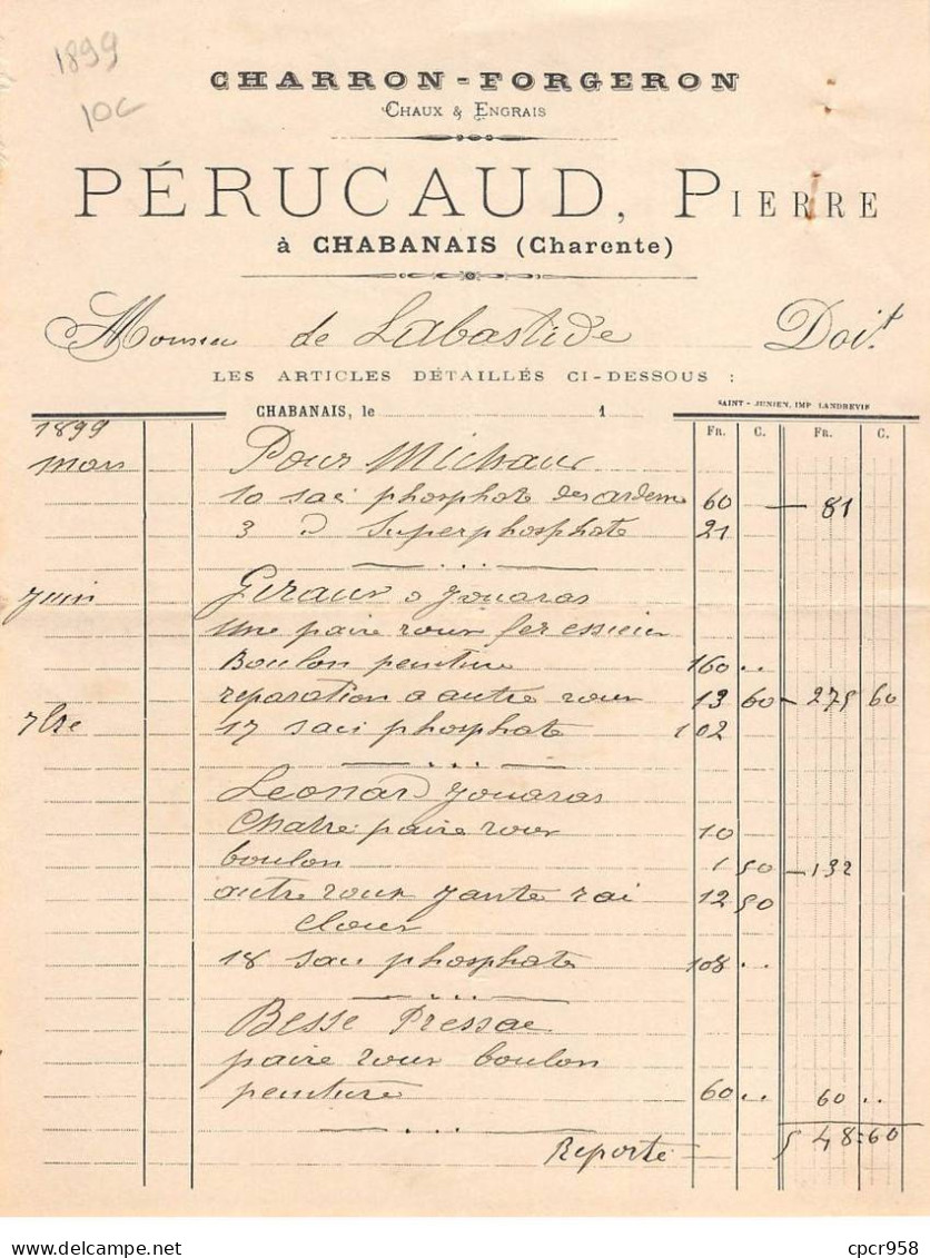 Facture.AM20508.Chabanais.1899.Pérucaud Pierre.Charron.Forgeron - 1800 – 1899