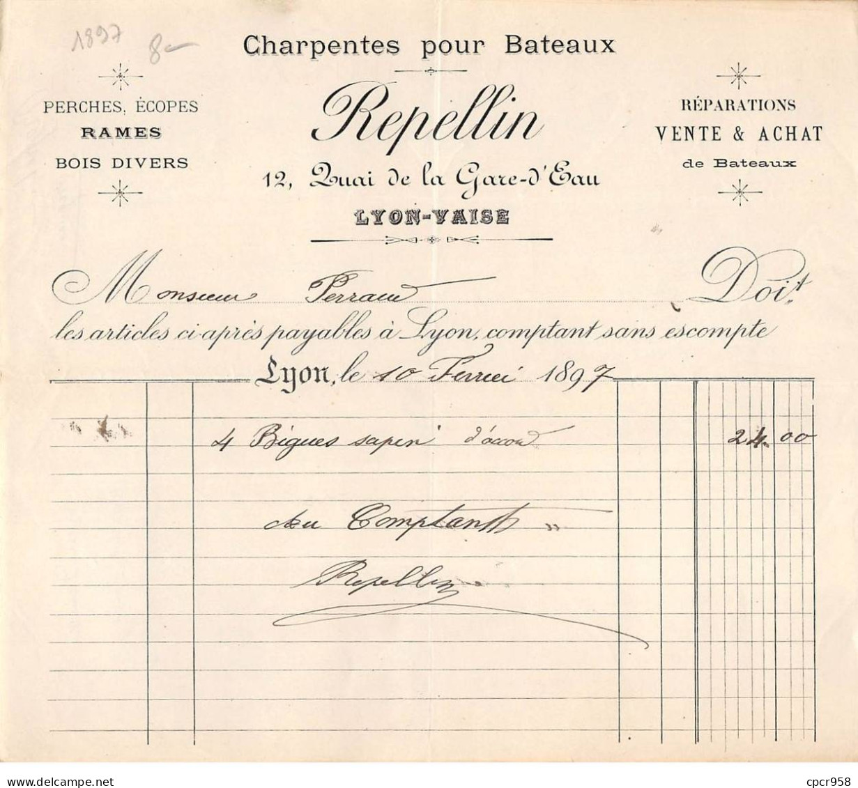 Facture.AM20505.Lyon Vaise.1897.Repellin.Charpentes Pour Bateaux.Perches.Ecopes.rames - 1800 – 1899