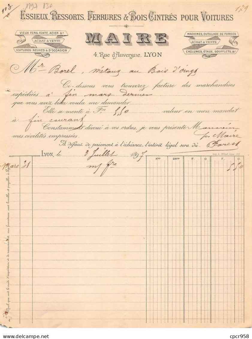 Facture.AM20723.Lyon.1897.Maire.Essieux.Ressort.Ferrure.Bois Cintrés Pour Voiture - 1800 – 1899