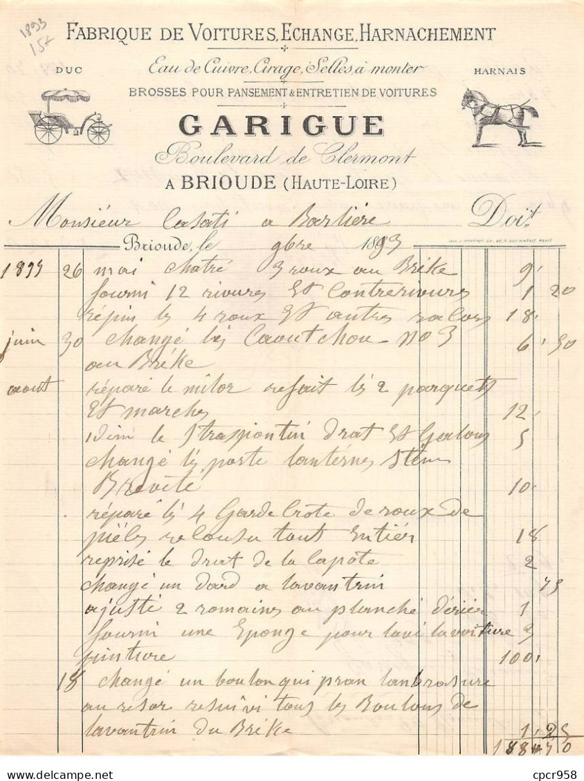 Facture.AM20767.Brioude.1893.Garigue.Voiture.Harnachement.Eau De Cuivre.Cirage.Selles à Monter.Harnais.duc - 1800 – 1899