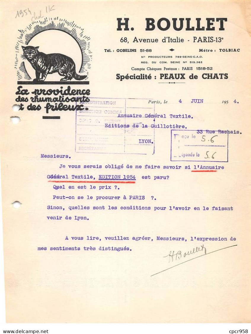 Facture.AM20915.Paris.1954.H Boullet.La Providence Des Rhumatisants Et Des Frileux.Peaux De Chats - 1950 - ...