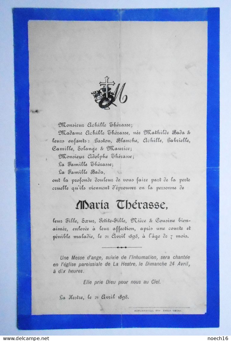 Faire-Part  La Hestre 1898 Décès Maria Thérasse à L'âge De 7 Mois - Todesanzeige