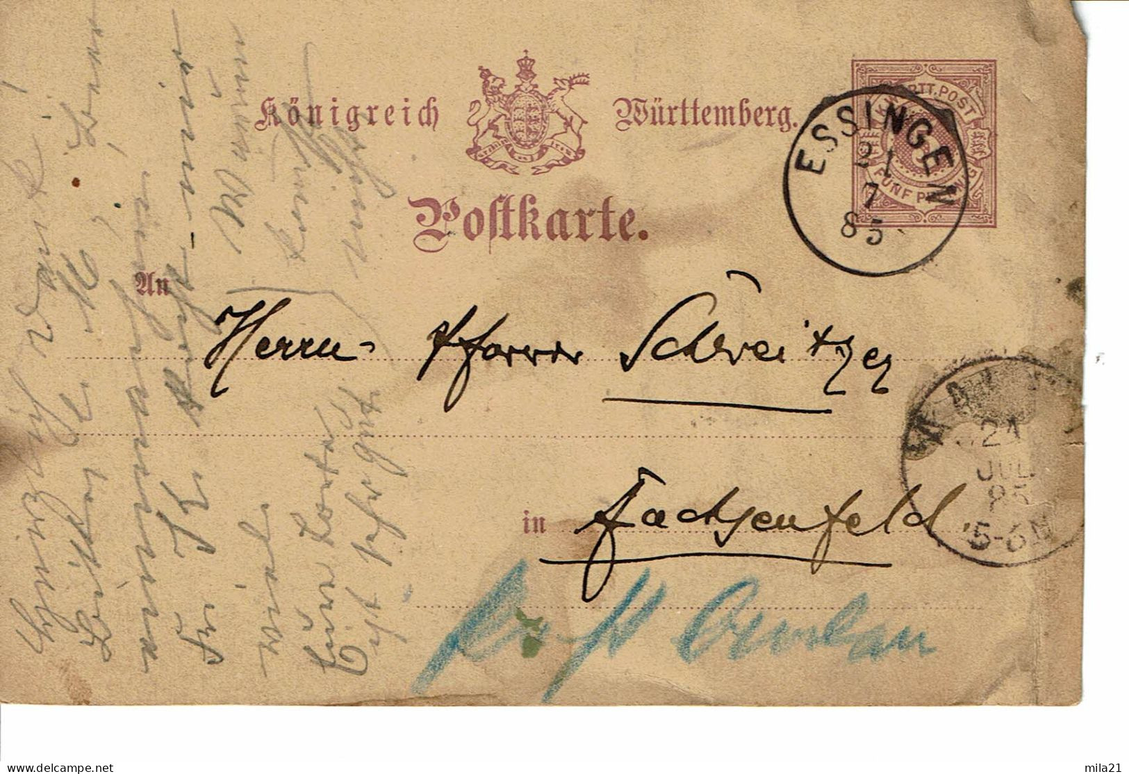 WURTENBERG  ENTIER POSTAL 5  PFENNIC TYPE N° 45 - Briefkaarten