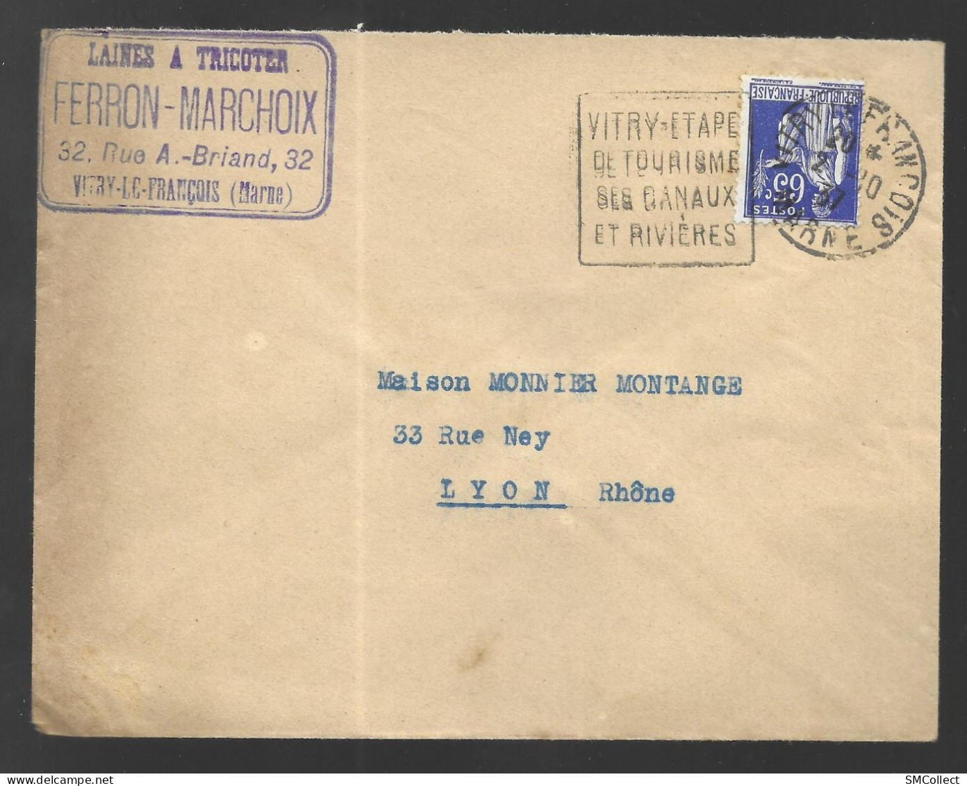 Vitry Le François 1937 (Daguin). Enveloppe Cachetée, Laines Ferron-Marchoix, Voyagée Vers Lyon - 1921-1960: Période Moderne