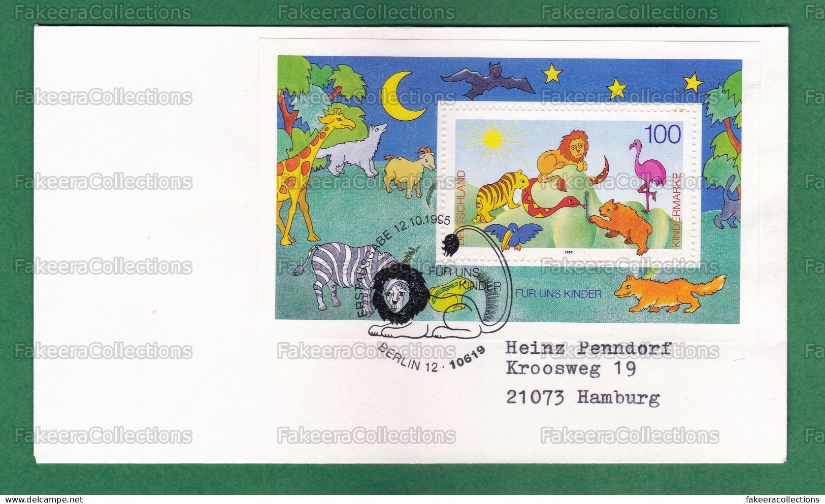 GERMANY 1995 - FOR THE CHILDREN 1v M/S FDC - Postal Used On Date Of Issue - Animals, TIGER, LION, SNAKE, BEAR, BIRDS - Felinos