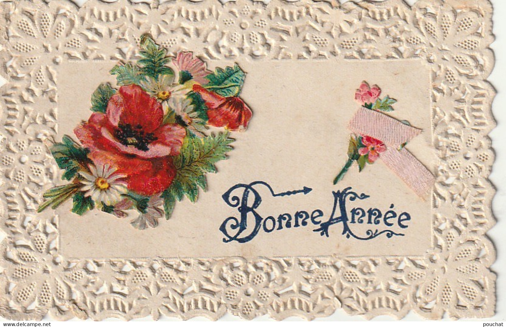 WA 16  - " BONNE ANNEE " - CARTE FANTAISIE CANIVET AVEC AJOUT CHROMOS FLEURS ET RUBAN - 2 SCANS - New Year