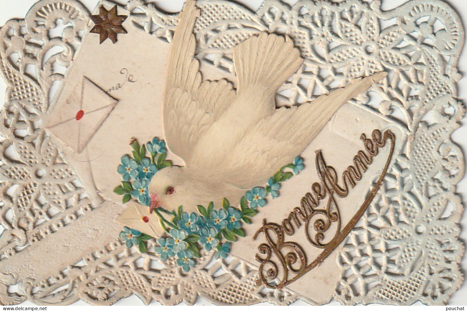 WA 16  - " BONNE ANNEE " - CARTE FANTAISIE CANIVET AVEC AJOUT CHROMO COLOMBE ET MYOSOTIS - LETTRE - 2 SCANS - New Year