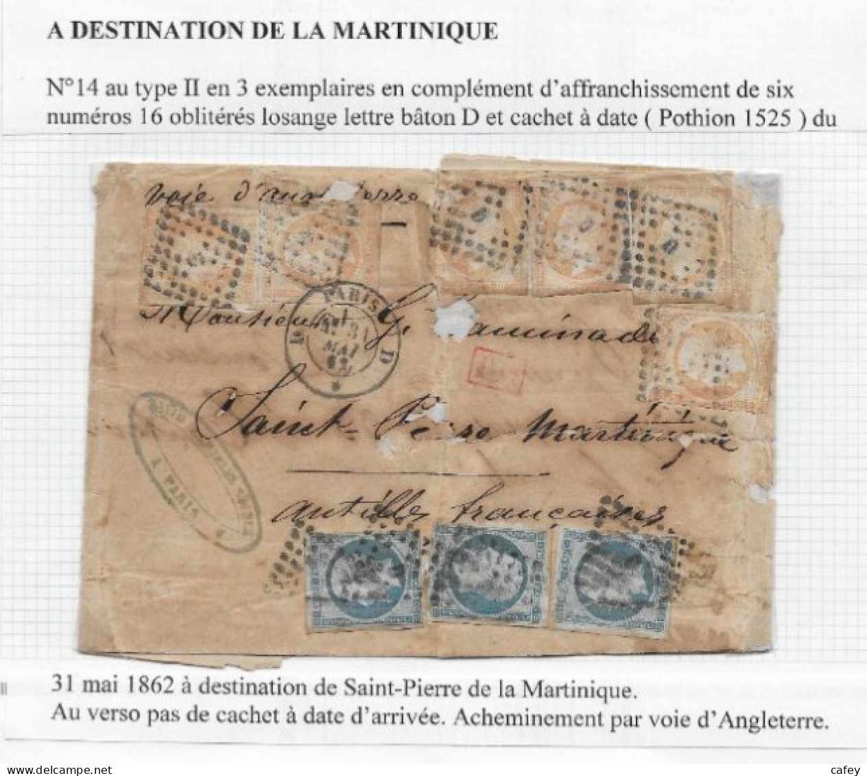 Destination MARTINIQUE Lettre De PARIS 1862 Timbre Empire N° 14x3 ,16x6  P / ST PIERRE Tarif Rare - 1853-1860 Napoleon III