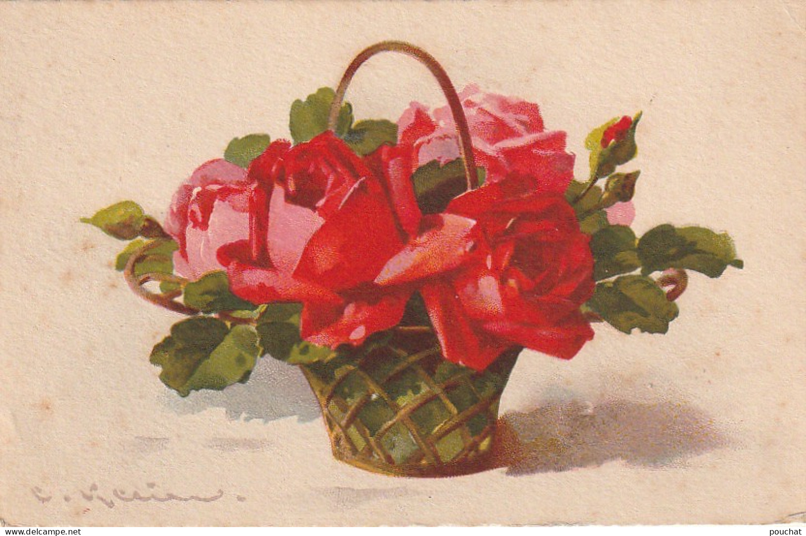 WA 17- CARTE FANTAISIE - PANIER DE FLEURS : ROSES , ILLUSTRATEUR KLEIN   - 2 SCANS - Klein, Catharina