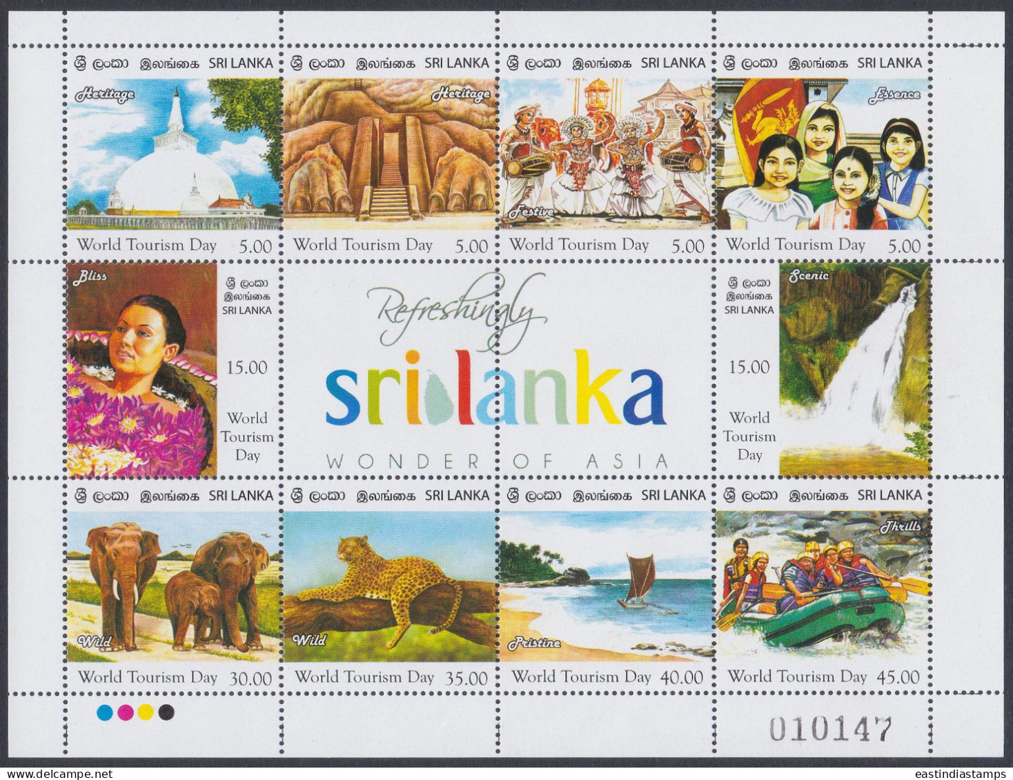 Sri Lanka 2011 MNH MS World Tourism Day, Leopard, Elephant, Waterfall, Rafting, Sail Boat, Buddhism, Miniature Sheet - Sri Lanka (Ceilán) (1948-...)