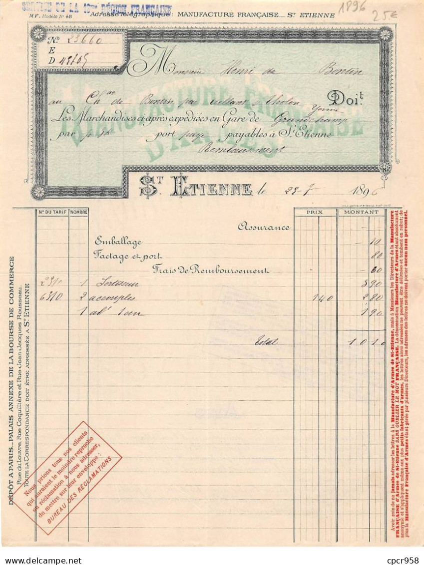 Facture.AM20528.Saint Etienne.1896.Société De La 18 Ième Région Française.Armes - 1800 – 1899