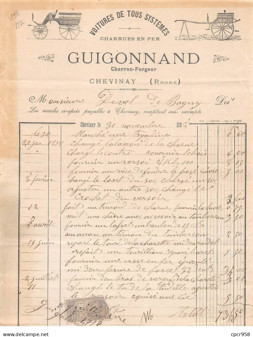 Facture.AM20768.Chevinay.1898.Guigonnand.Charron.Forgeur.Voitures.Charrues En Fer - 1800 – 1899