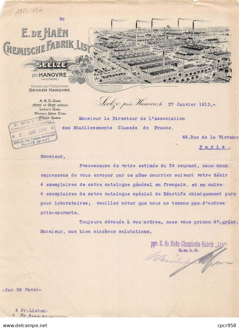 Facture.AM20808.Suisse.Scelze.Hanovre.1913.E De Haën.Produits Chimiques - Zwitserland