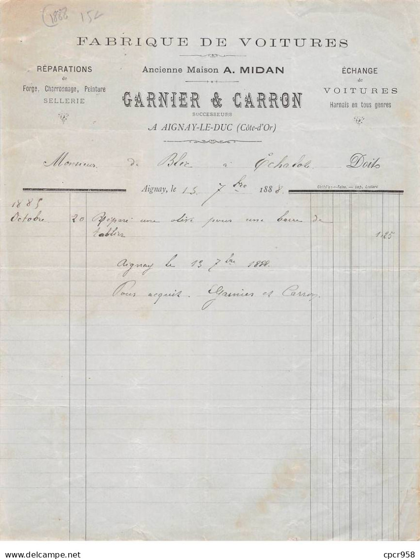 Facture.AM20570.Aignay Le Duc.1888.Garnier & Carron.Fabrique De Voitures.Forge.Charonnerie.Peinture.Sellerie.Harnais - 1800 – 1899