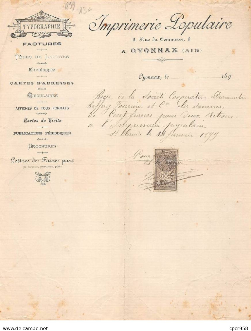 Facture.AM20561.Oyonnax.1899.Imprimerie Populaire.Typographie.Facture.Enveloppe.Circulaire.Affiche.Brochure.Faire Part - 1800 – 1899