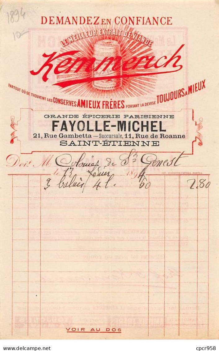 Facture.AM20416.Saint Etienne.1894.Fayolle-Michel.Grande épicerie.Kemmerich.Amieux Frères - 1800 – 1899