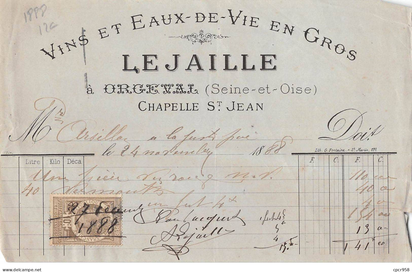 Facture.AM20452.Orgeval.Chapelle Saint Jean.1888.Le Jaille.Vins Et Eaux De Vie En Gros - 1800 – 1899