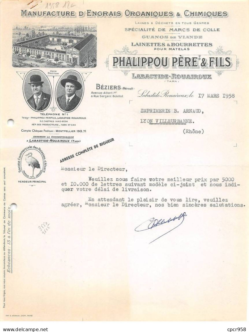 Facture.AM20592.Labastide Rouairoux.1958.Phalippou Père & Fils.Engrais Organiques.Chimiques.Marcs De Colle.Lainettes - 1950 - ...