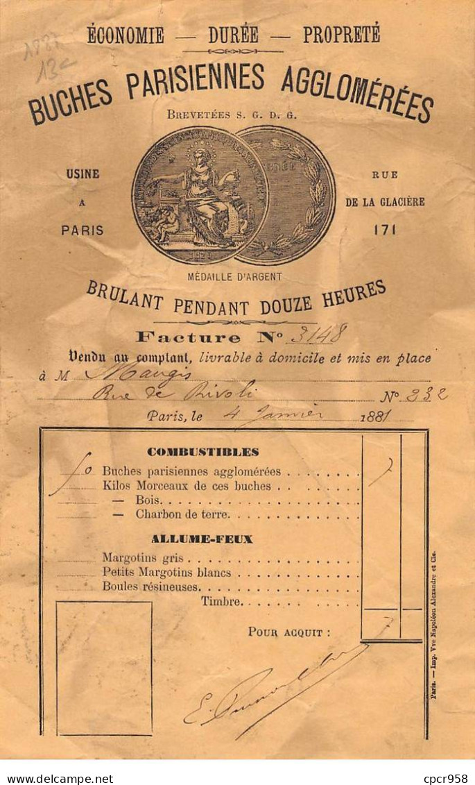 Facture.AM20467.Paris.1887.Buches Parisiennes Agglomérées - 1800 – 1899