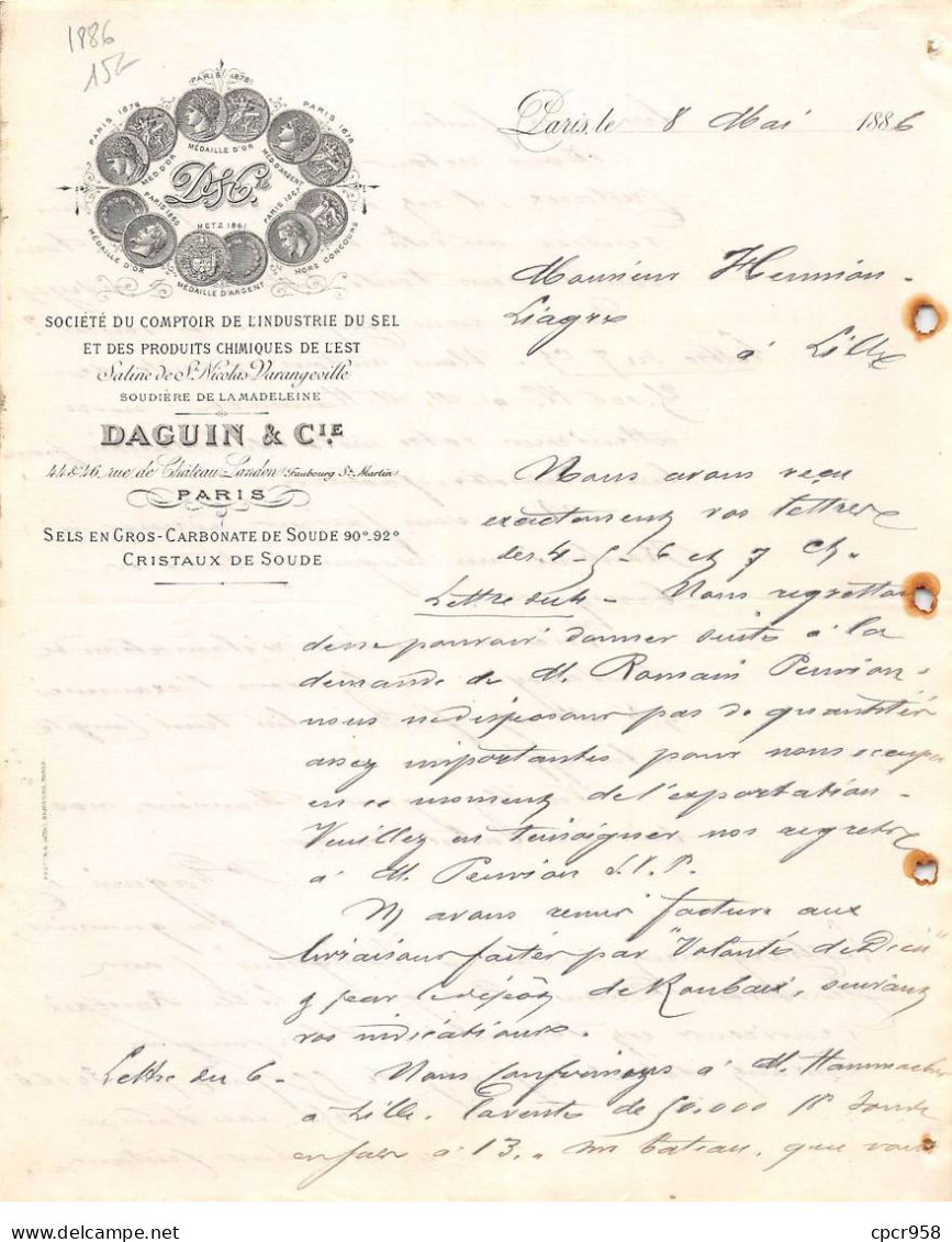 Facture.AM20585.Paris.1886.Société Du Comptoir De L'industrie Du Sel Et Produits Chimique De L'est.Daguin & Cie - 1800 – 1899