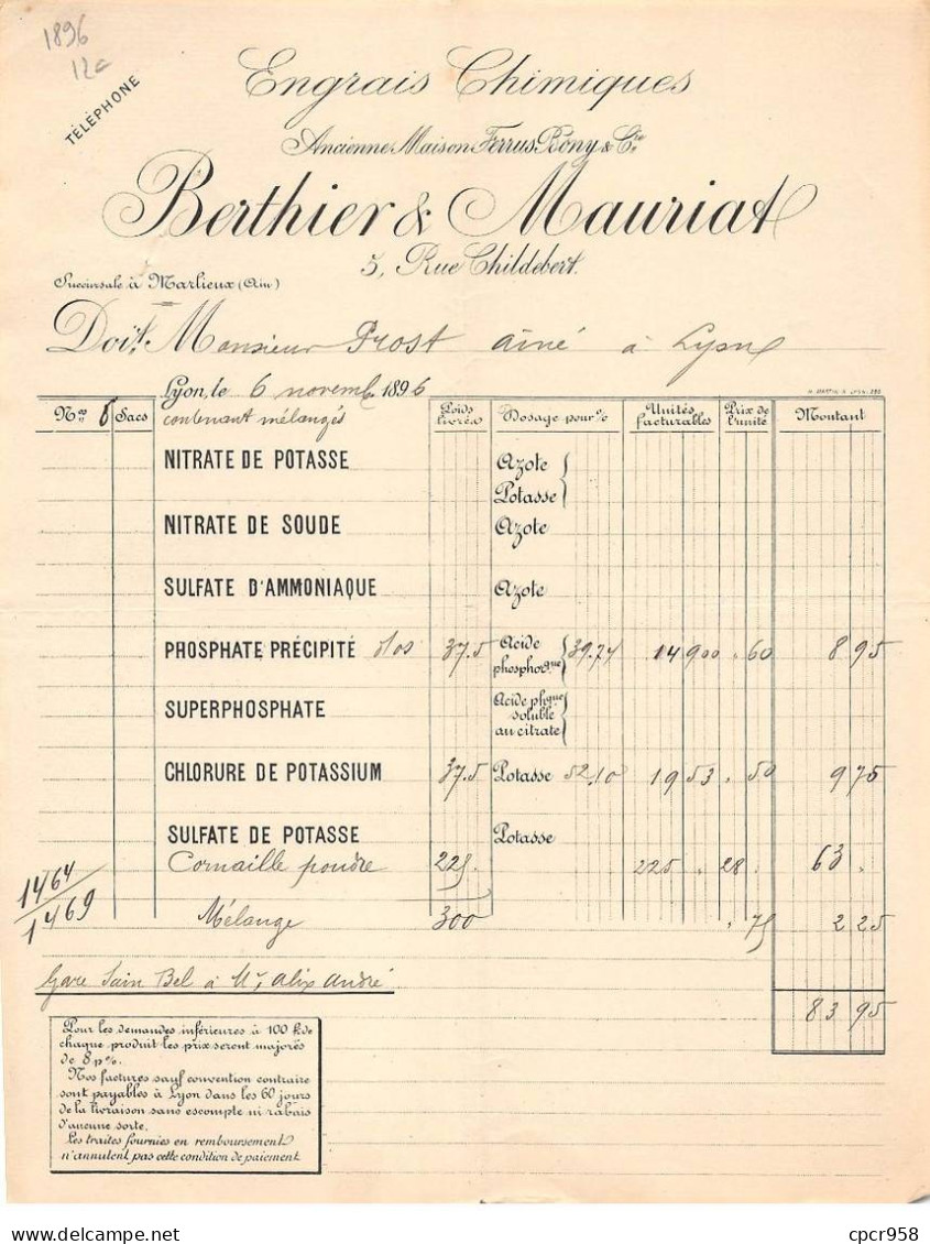 Facture.AM20588.Lyon.1896.Berthier & Mauriat.Engrais Chimiques - 1800 – 1899