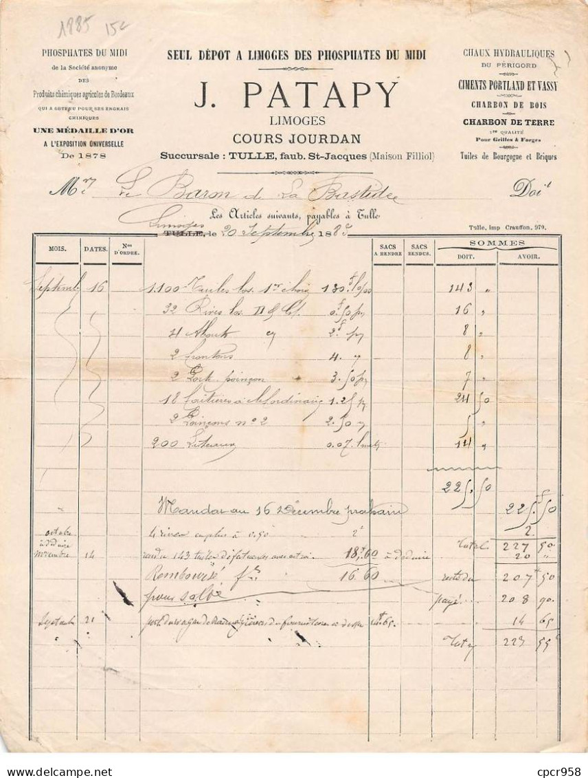 Facture.AM20597.Limoges.1885.J Patapy.Phosphates Du Midi.Produit Chimique.Ciment Portland Et Vassy.Charbon - 1800 – 1899