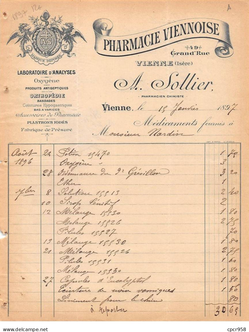 Facture.AM20693.Vienne.1897.A Sollier.Pharmacie Viennoise.Laboratoire D'analyses.Oxygène.Orthopédie.Bandage.Plastron - 1800 – 1899