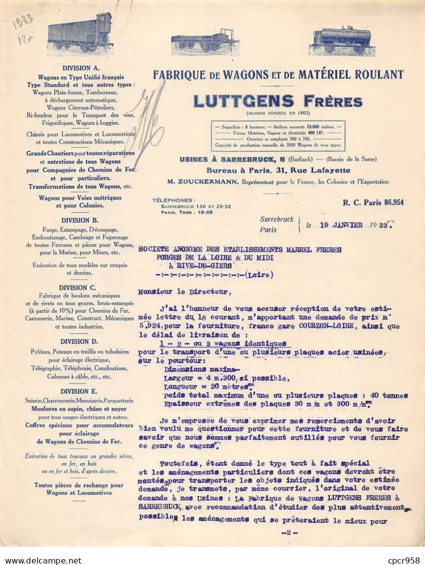 Facture.AM20845.Sarrebruck.1933.Luttgens Frères.Wagons.Matériel Roulant - 1900 – 1949