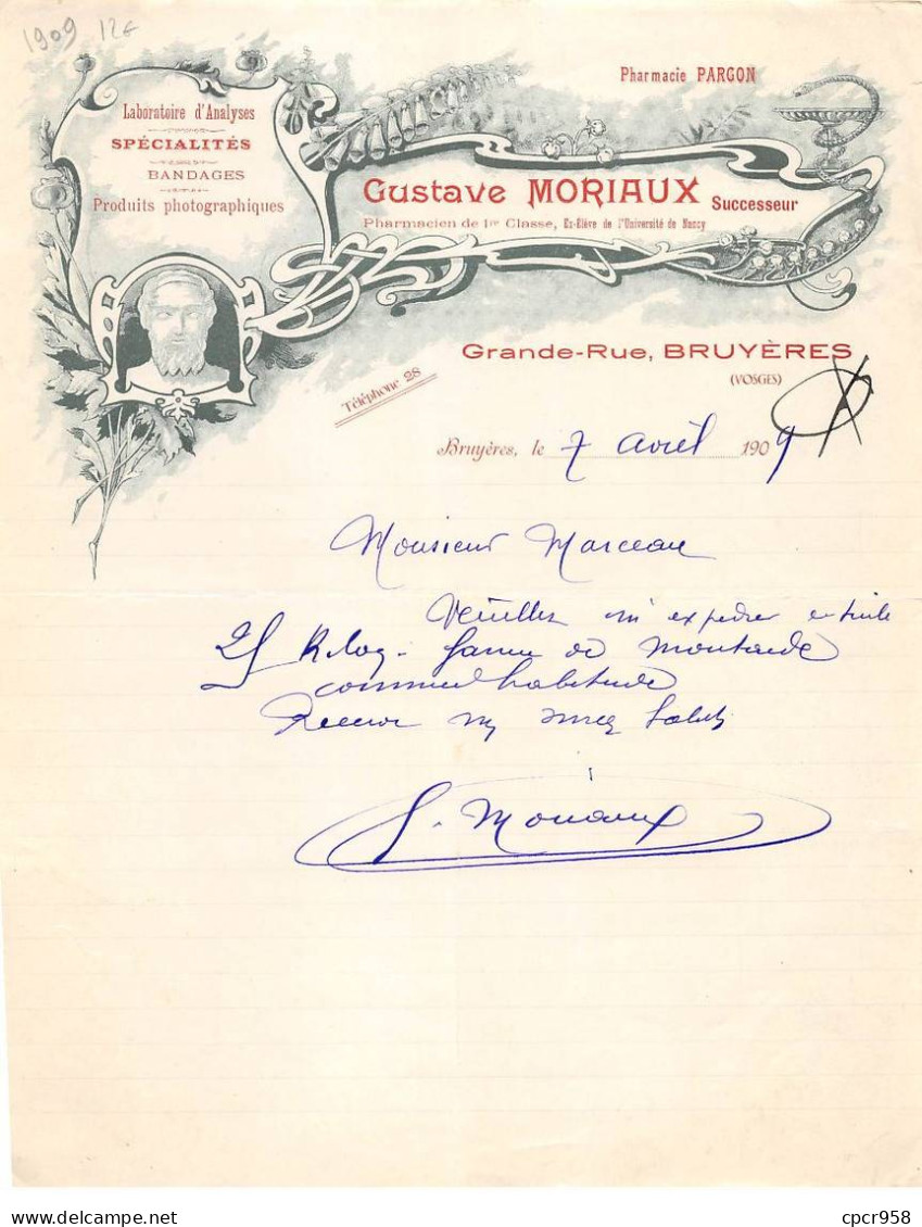 Facture.AM20858.Bruyères.1909.Gustave Moriaux.Pharmacie Pargon.Laboratoire D'analyses.Bandages.Pt Photographique - 1900 – 1949