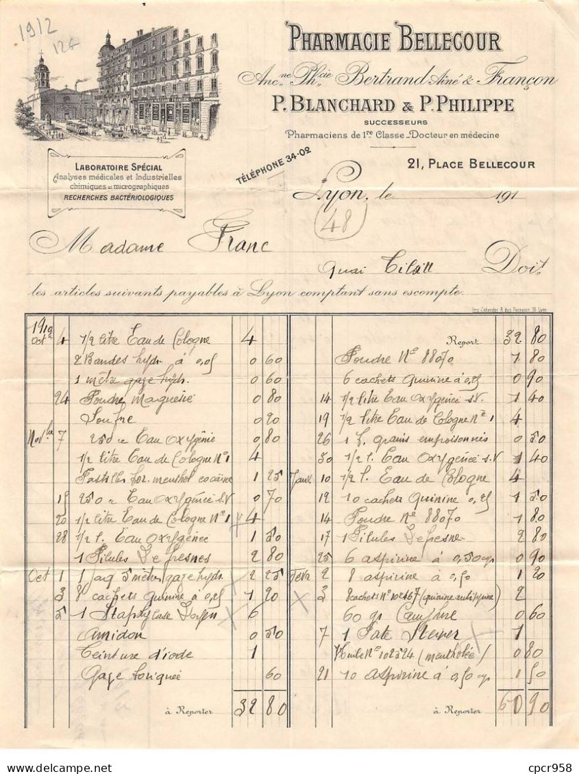 Facture.AM20700.Lyon.1912.P Blanchard & P Philippe.Pharmacie Bellecour - 1900 – 1949