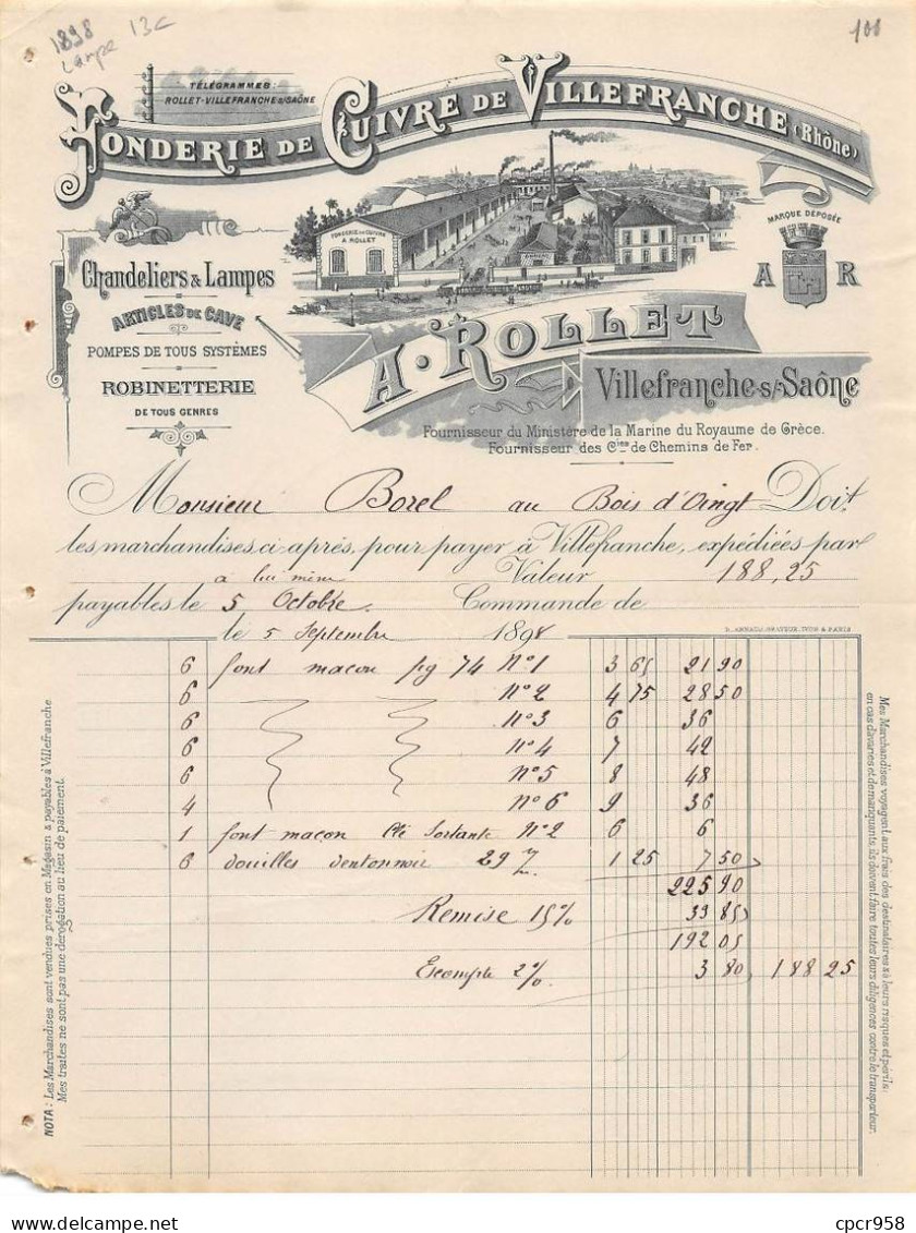 Facture.AM20682.Villefranche.1898.A Rollet.Fonderie.Manufacture Cuivre Et Bronze.Chandelier.Lampes.Robinetterie - 1800 – 1899