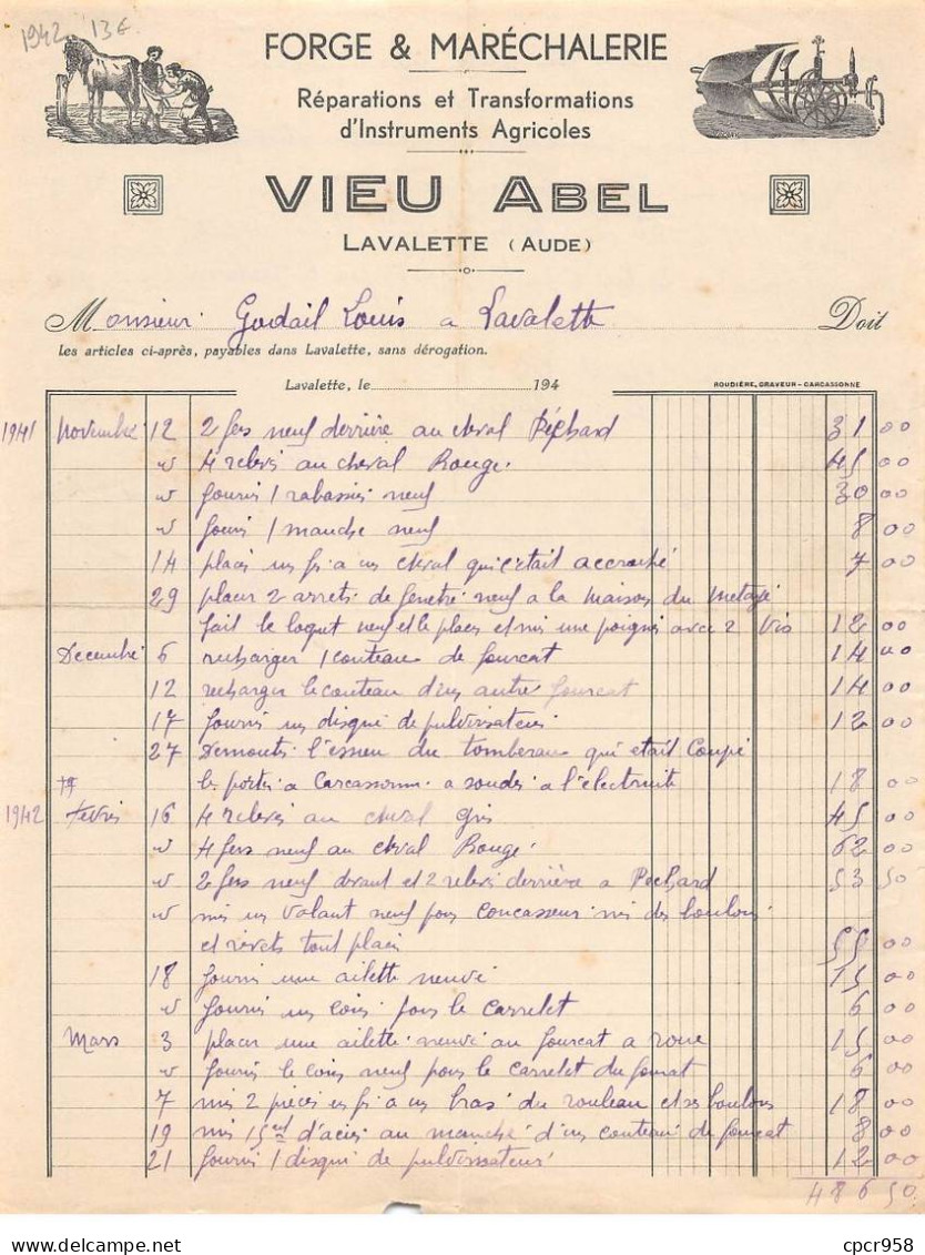 Facture.AM20865.Lavalette.1942.Vieu Abel.Forge & Maréchalerie.Instrument Agricole - 1900 – 1949