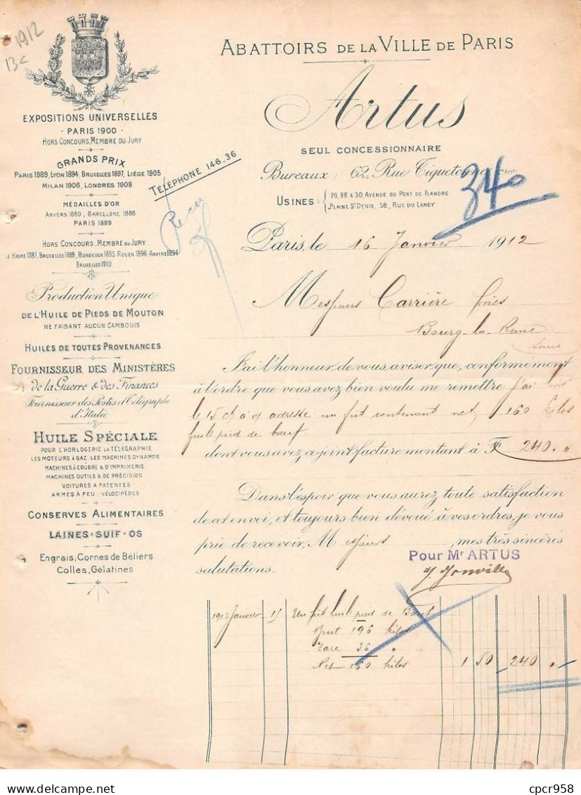 Facture.AM20873.Paris.1912.Artus.Abottoirs De La Ville De Paris.Huile.Conserve Alimentaire.Laine.Suif.Engrais.Colle - 1900 – 1949
