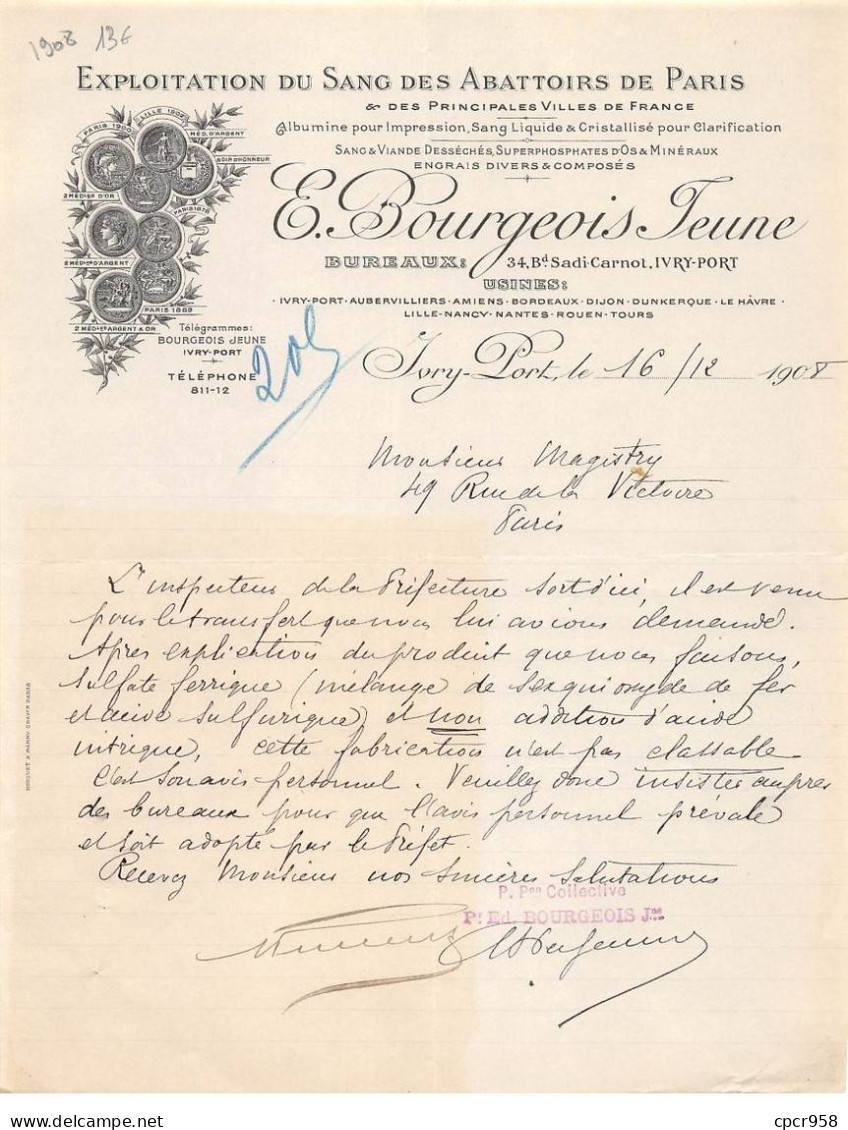 Facture.AM20872.Ivry-Port.1908.E Bourgeaois Jeune.Exploitation Du Sang Des Abattoirs De Paris.Albumine.Sang - 1900 – 1949