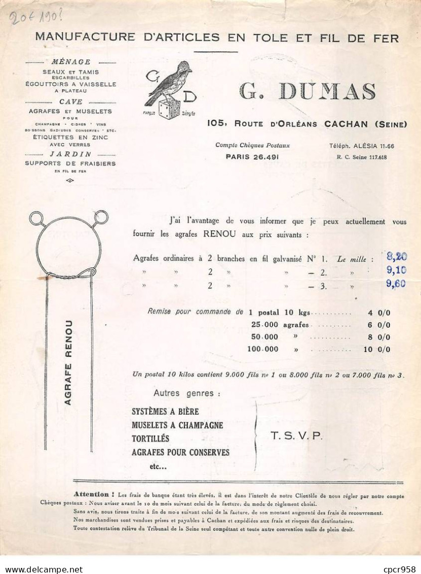 Facture.AM20871.Paris.190?.G Dumas.Articles En Tole Et Fil De Fer.Seaux.Tamis.Egouttoir.Agrafe.Muselet.Etiquette - 1900 – 1949