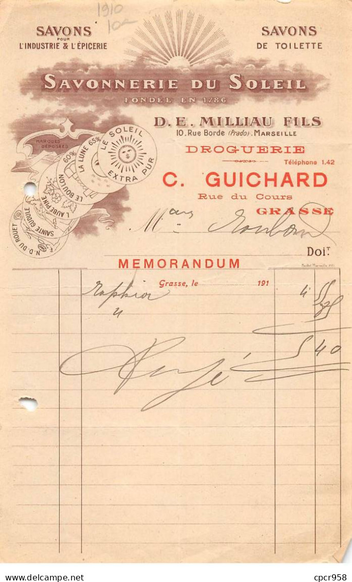 Facture.AM20488.Grasse.1910.C Guichard.Droguerie.D E Milliau Fils.Savonnerie Du Soleil.Savon - 1900 – 1949