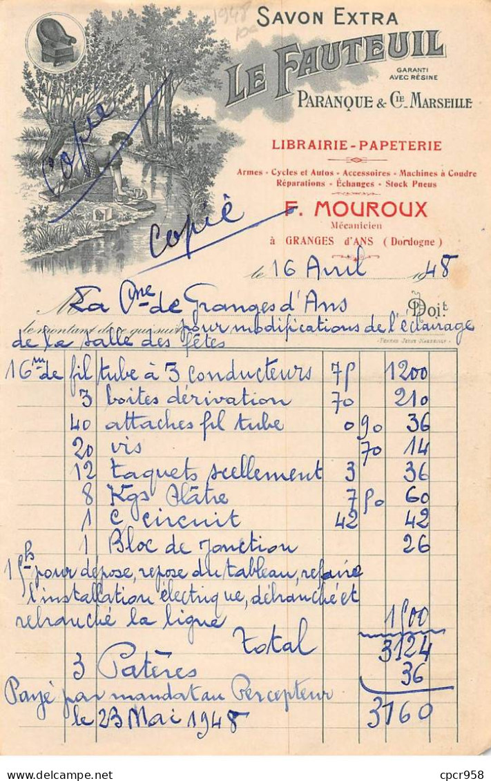 Facture.AM20487.Granges D'Ans.1948.F Mouroux.Librairie.Papèterie.Savon Extra.Le Fauteuil.Paranque & Cie Marseille - 1900 – 1949