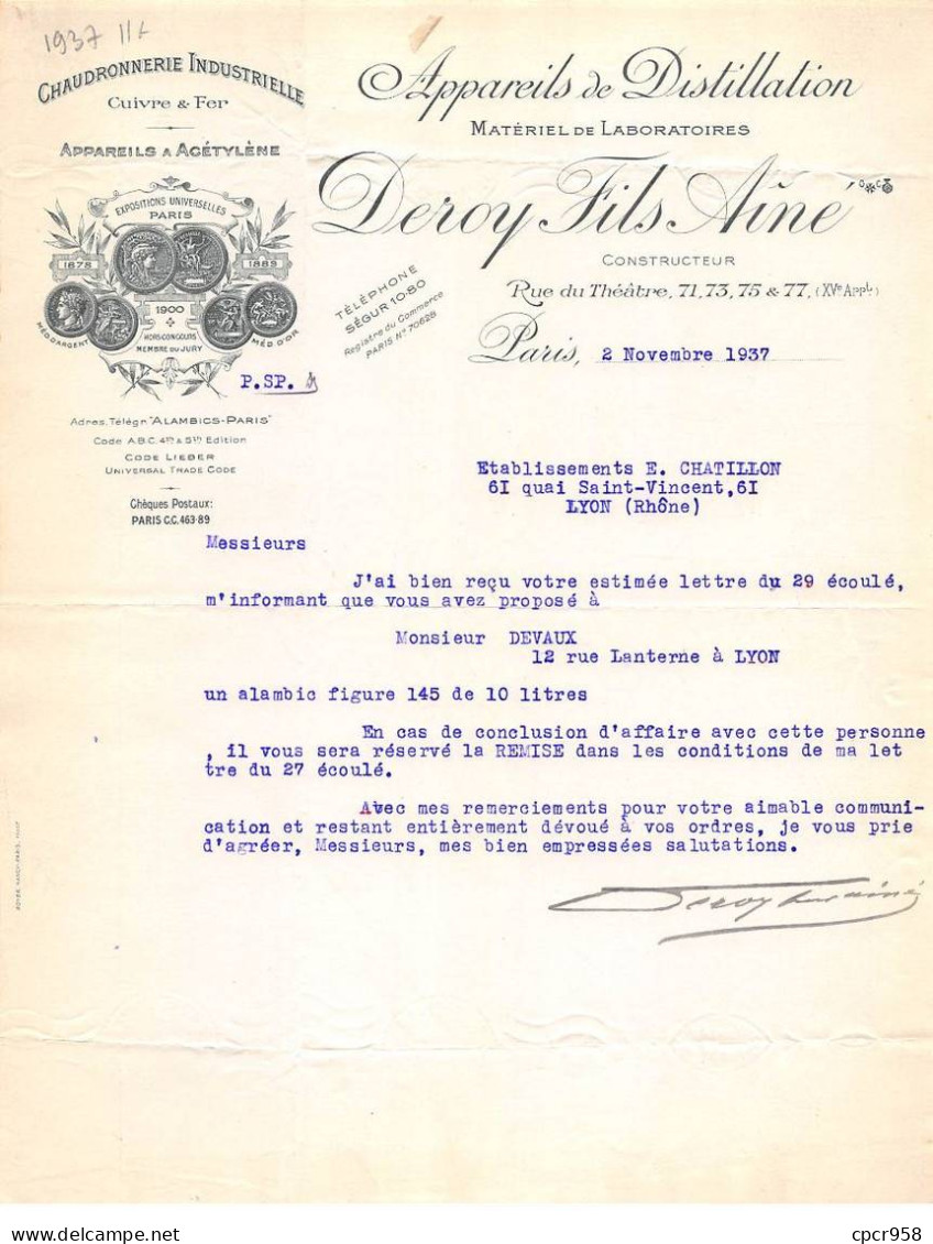 Facture.AM20866.Paris.1937.Deroy Fils Ainé.Appareil & Distillation.Chaudronnerie Industrielle.Cuivre.Fer.Acétylène - 1900 – 1949