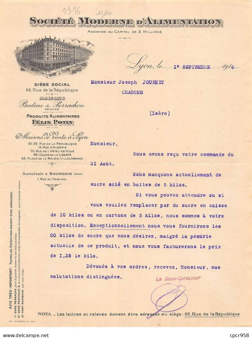 Facture.AM24409.Lyon.1916.Badieu & Perrachon.Société Moderne D'alimentation.J Journet.Felix Potin - 1900 – 1949