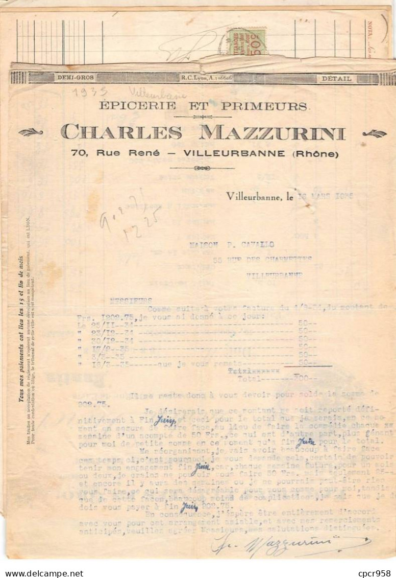 Facture.AM24405.Villeurbanne.1935.Charles Mazzurini.Epicerie.Primeur.timbre - 1900 – 1949