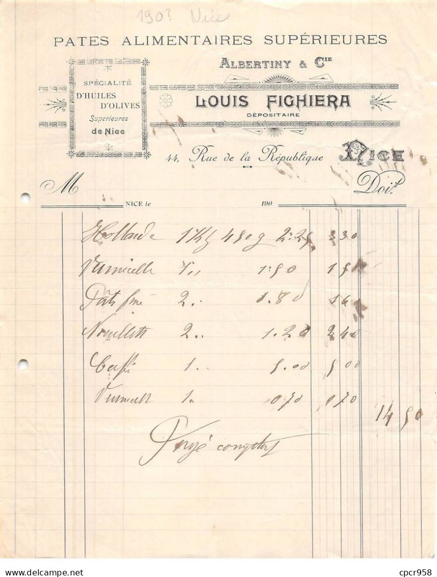 Facture.AM24400.Nice.190?.Louis Fighiera.Albertiny & Cie.Pate Alimentaire.Huile D'olive - 1900 – 1949