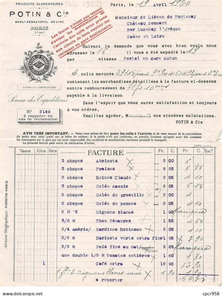 Facture.AM24395.Paris.1920.Potin & Cie.Felix Potin.Produit Alimentaire - 1900 – 1949