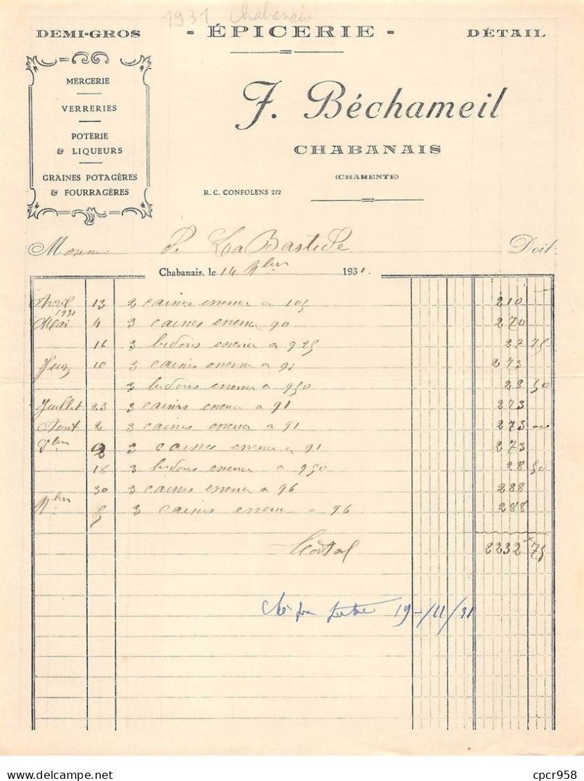 Facture.AM24385.Chabanais.1931.Béchameil.Epicerie.Mercerie.Verrerie.poterie.liqueur - 1900 – 1949