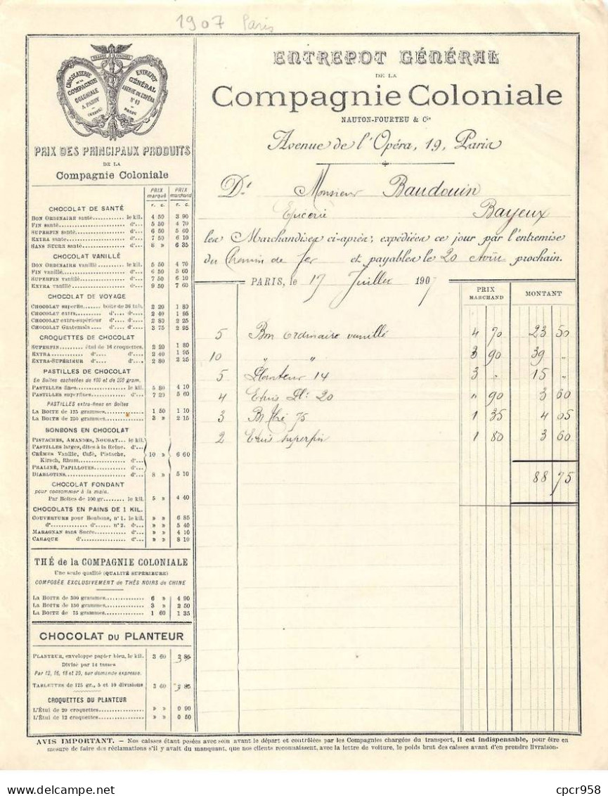 Facture.AM24378.Paris.1907.Compagnie Coloniale.Chocolat - 1900 – 1949