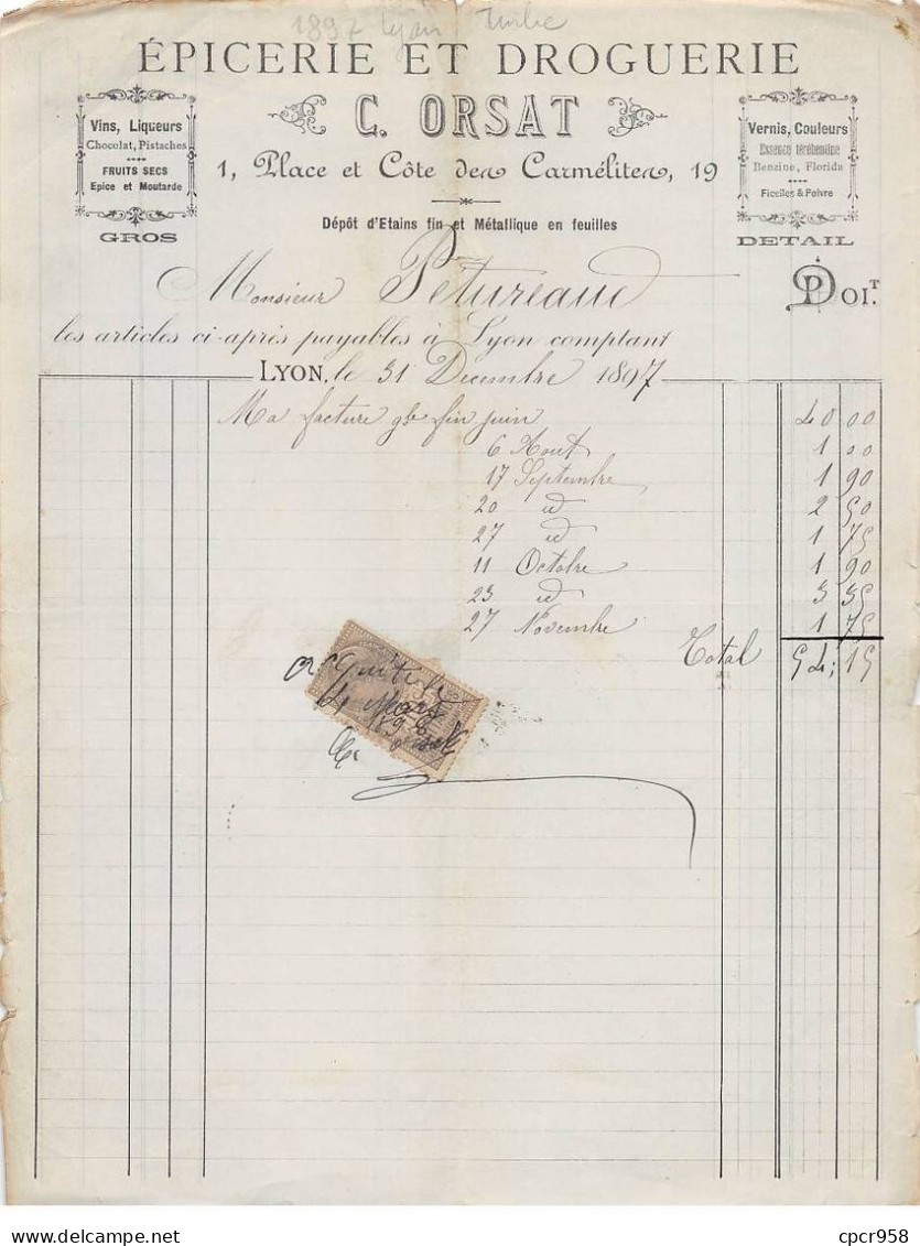 Facture.AM24355.Lyon.1897.C Orsat.Epicerie.Droguerie.Timbre - 1800 – 1899