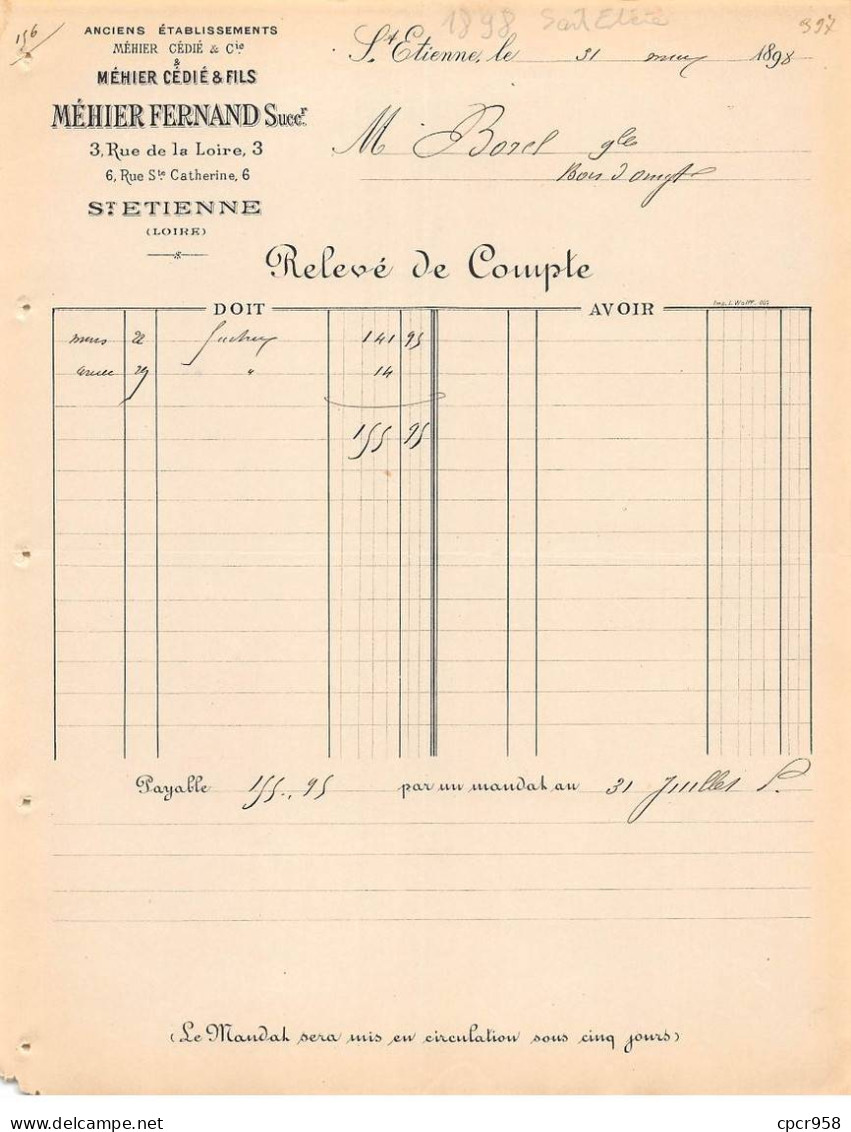 Facture.AM24307.Saint Etienne.1898.Méhier Fernand.Serrurerie.Boulonnerie.Ferronnerie - 1800 – 1899