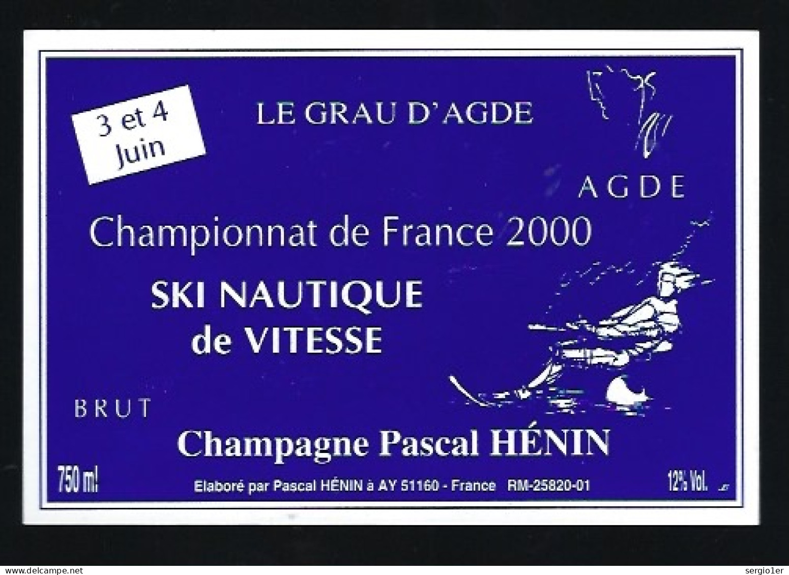 Etiquette Champagne  Brut Championnat De France 2000 Ski Nautique De Vitesse  Pascal Henin  AŸ Marne 51 Thème Sport - Champan