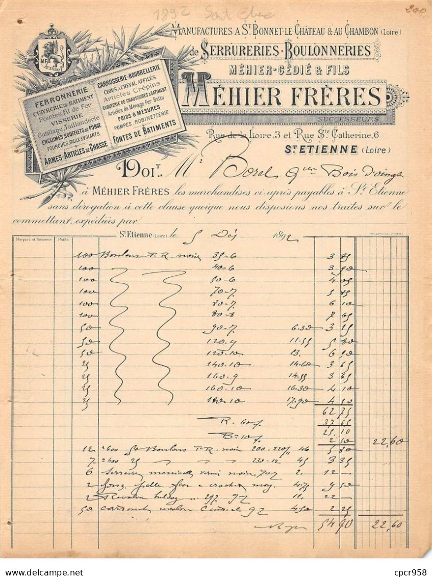 Facture.AM24308.Saint Etienne.1892.Méhier Frères.Serrurerie.Boulonnerie.Ferronnerie - 1800 – 1899